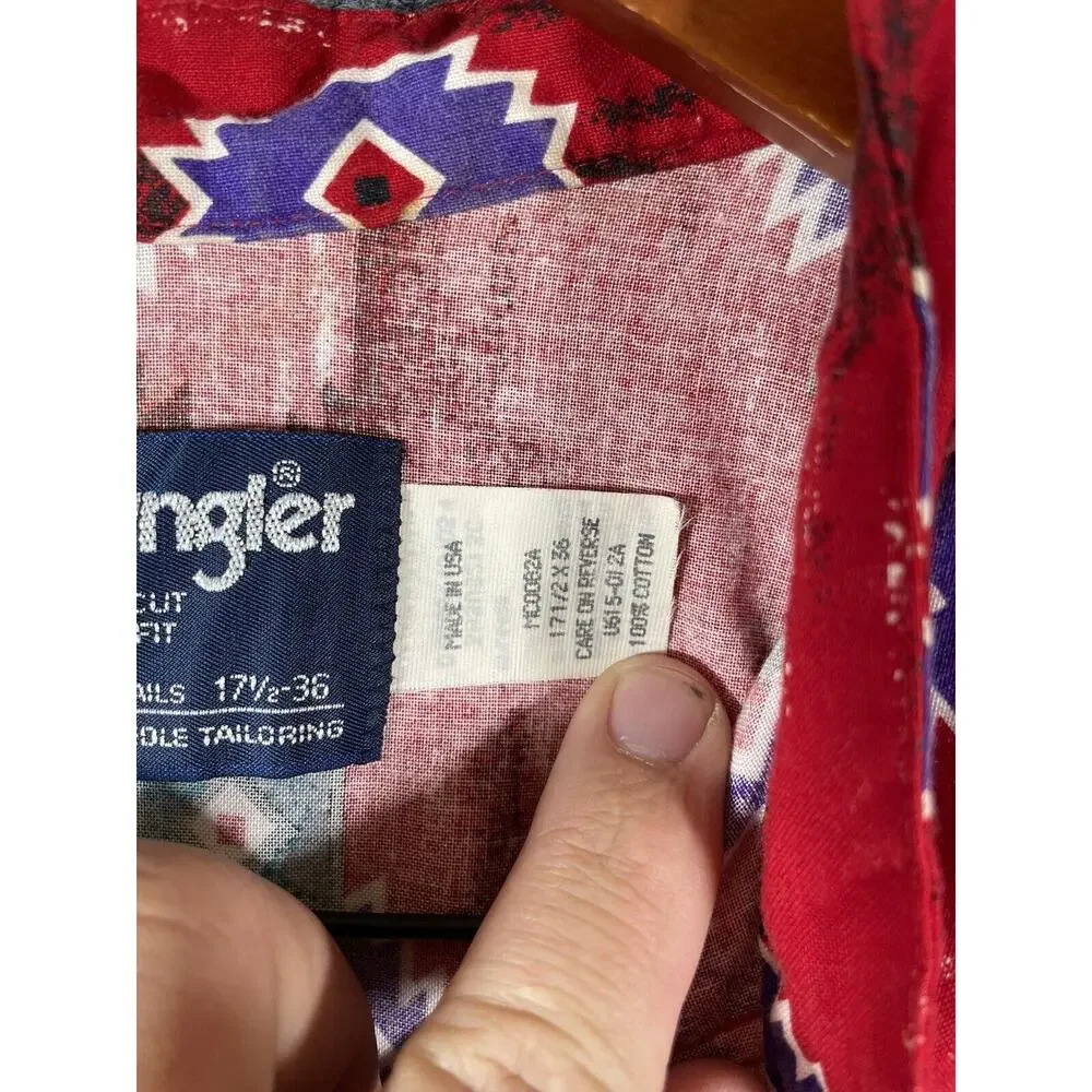Vintage Wrangler Button Up Extra Long Tail Shirt Men's 17.5-36 Red Cowboy - Picture 8 of 14